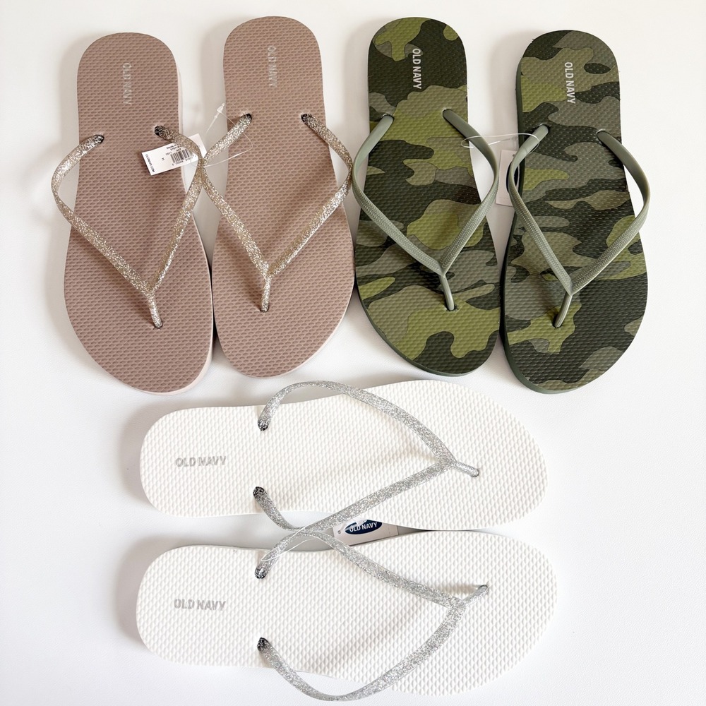 NWT Old Navy Womens Bundle Lot (3) Glitter Camo Casual Flip Flop Sandals Size 11